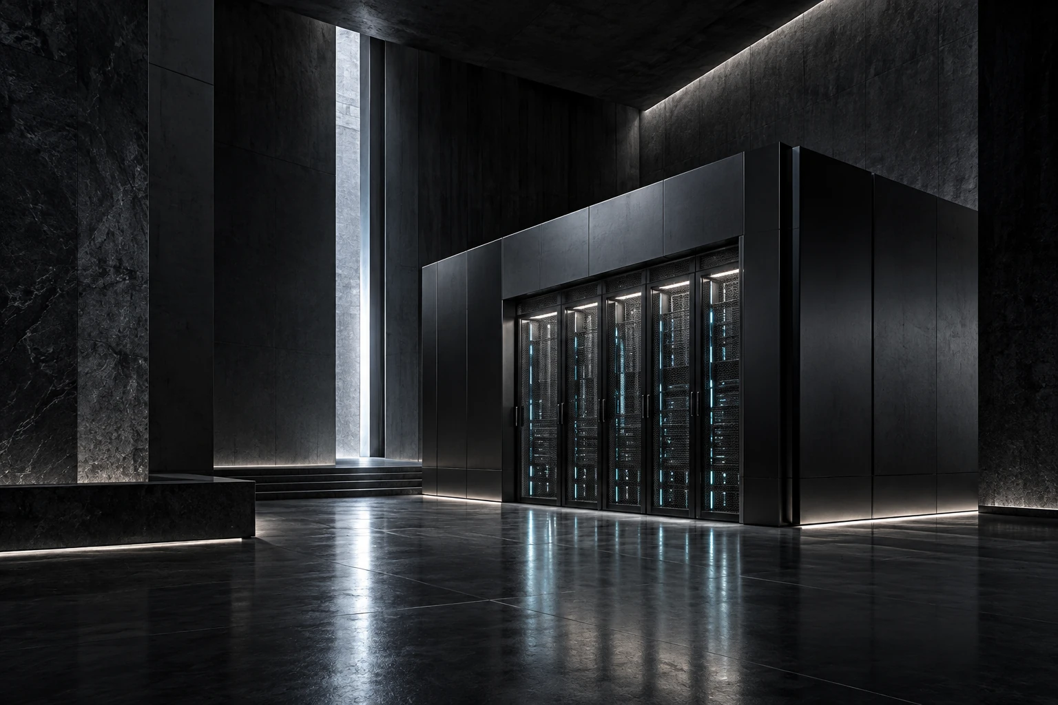 A controlled private infrastructure environment in graphite and silver.